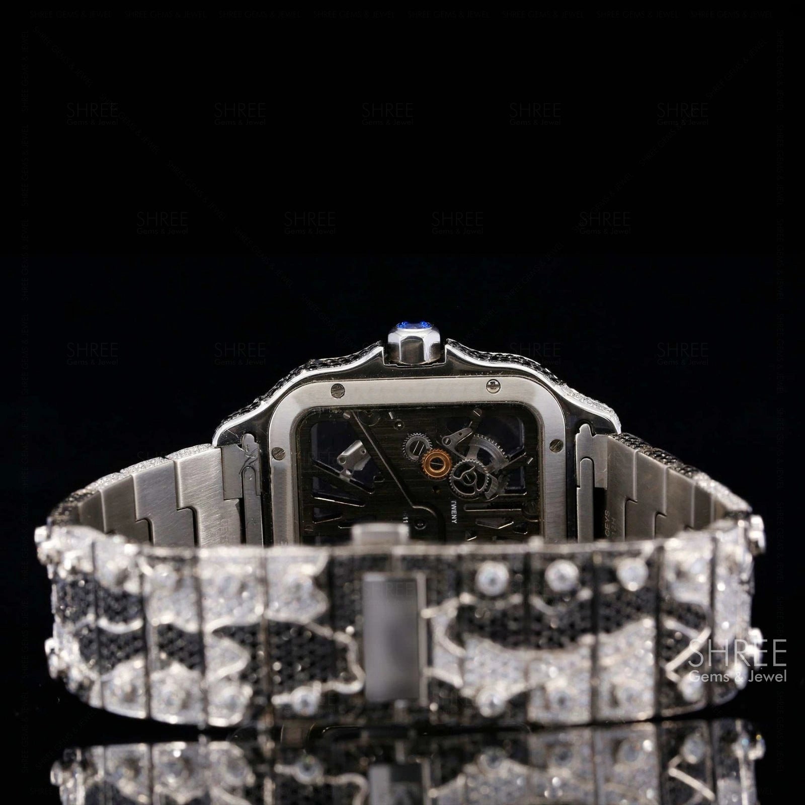 Back View of Black & White Skeleton Moissanite Watch – Fully Iced 41MM