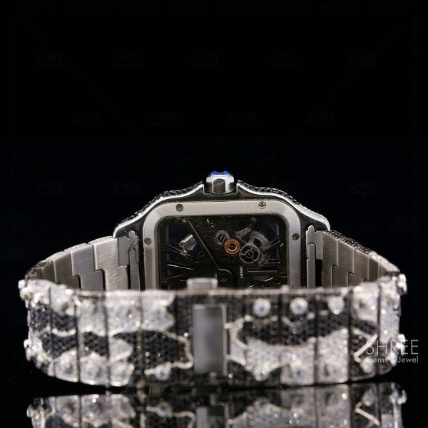 Back View of Black & White Skeleton Moissanite Watch – Fully Iced 41MM
