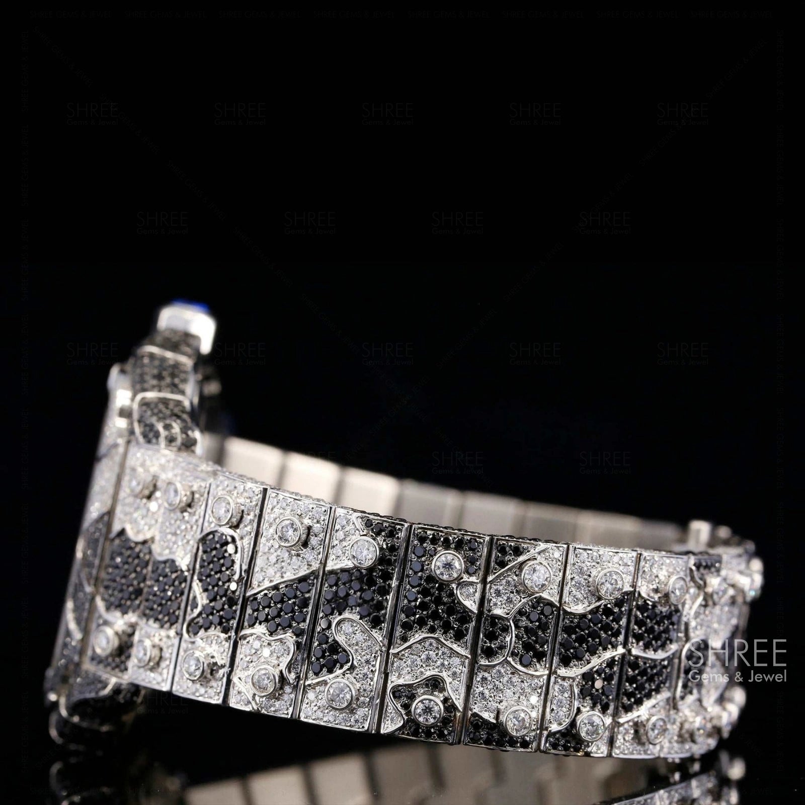 Side View of Black & White Skeleton Moissanite Watch – Fully Iced 41MM