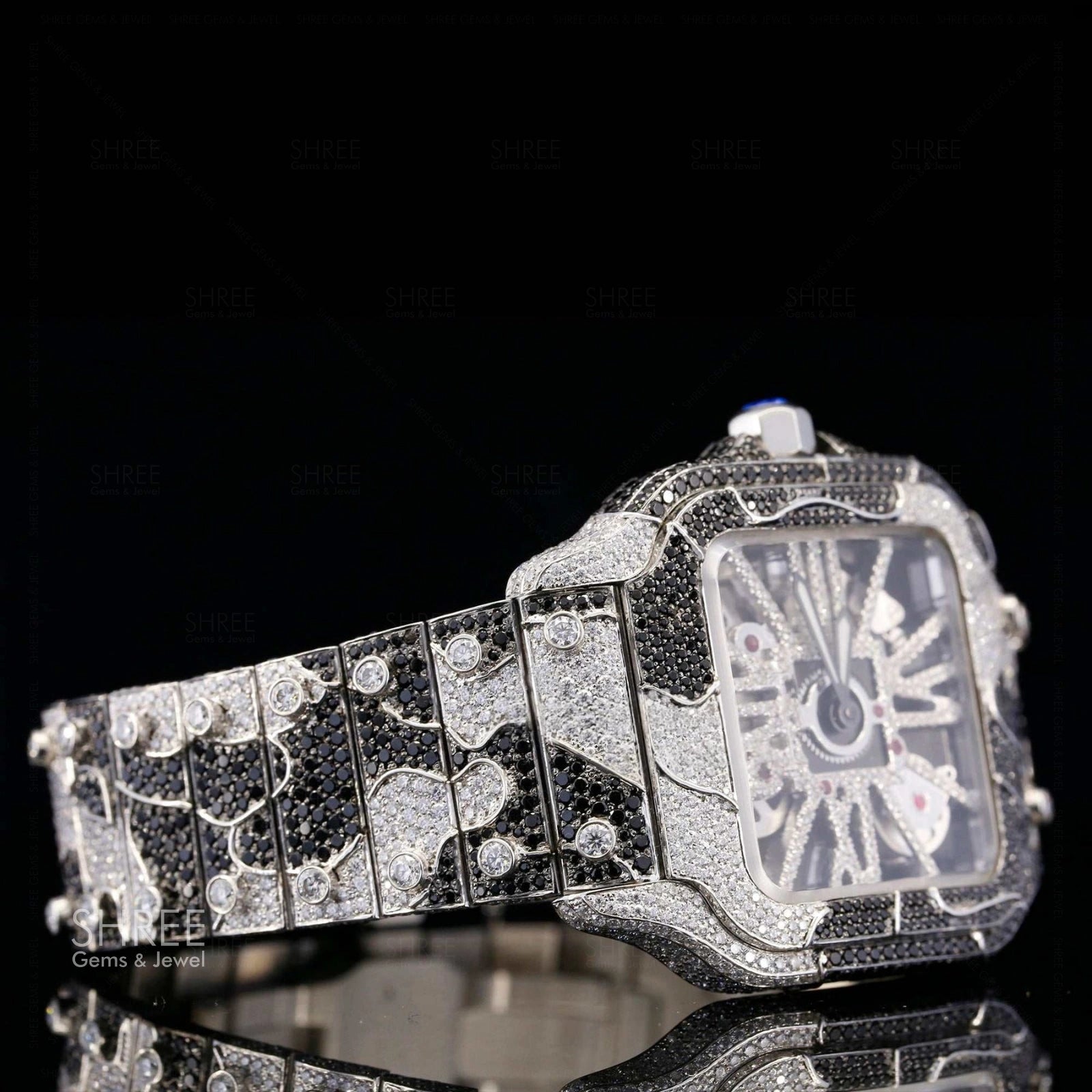Side Face View of Black & White Skeleton Moissanite Watch – Fully Iced 41MM
