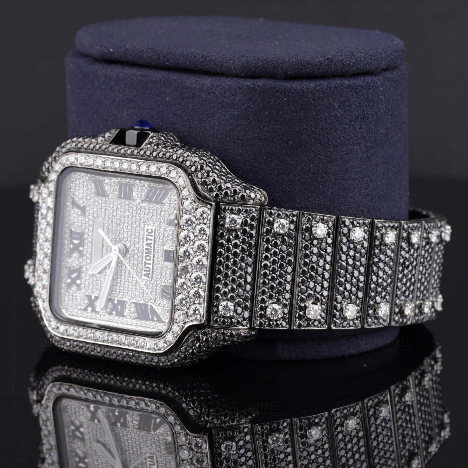 Closeup view of Black & White Santos Style Watch 41mm – Square Dial