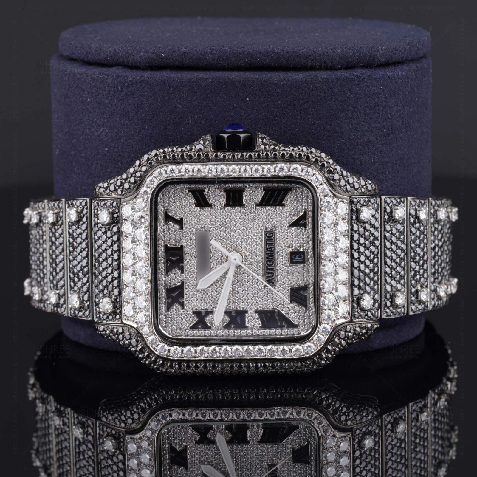 Face view of Black & White Santos Style Watch 41mm – Square Dial