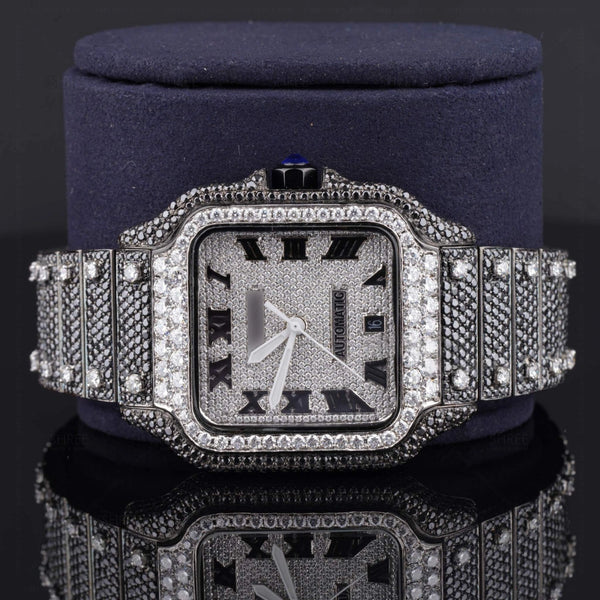 Face view of Black and White Moissanite Diamond Santos Watch | 41 MM