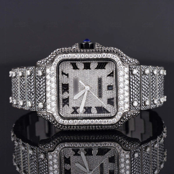 Front view of Black and White Moissanite Diamond Santos Watch | 41 MM