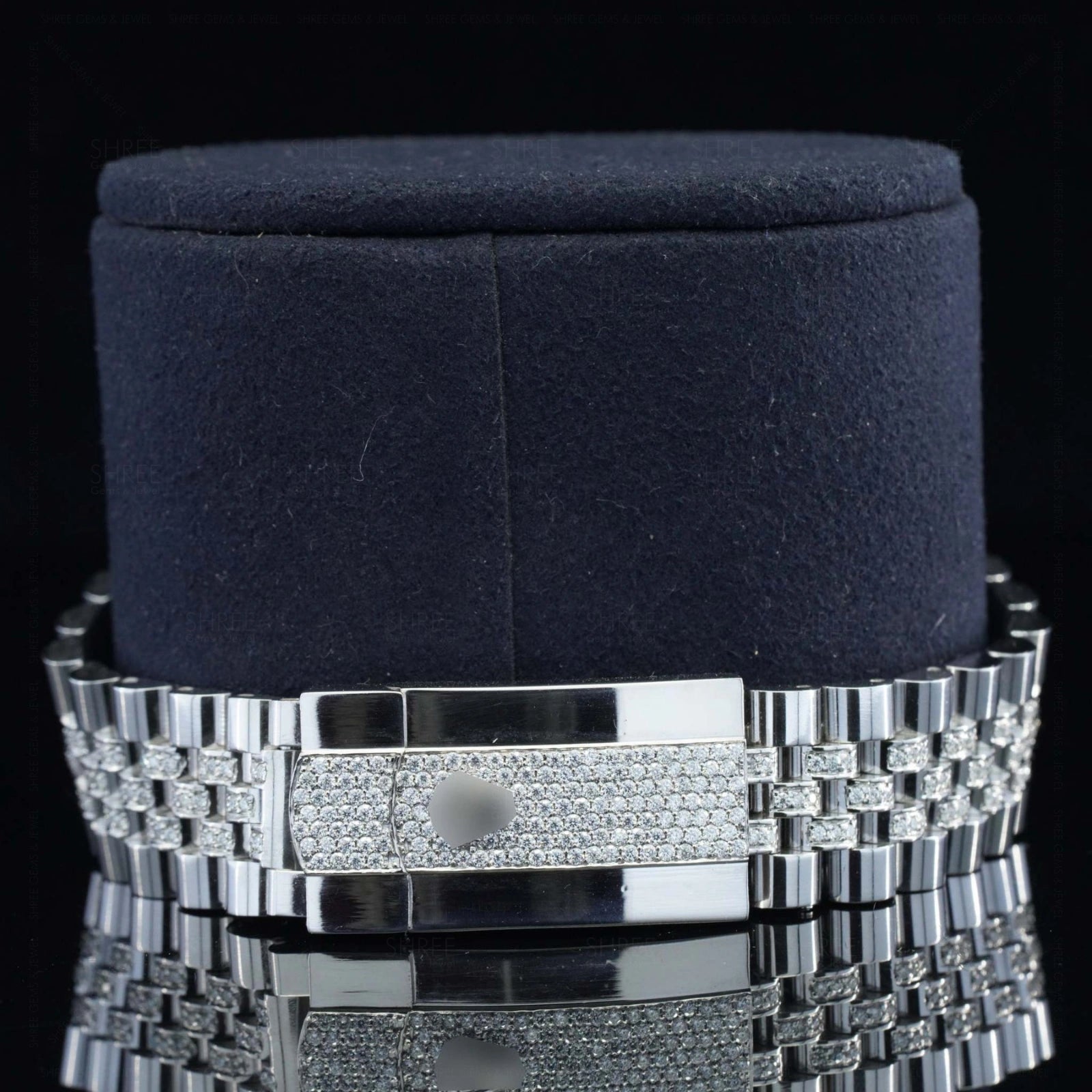 Back side view of Blue Dial Date Just Style Moissanite Watch  41 Mm  White Gold Tone