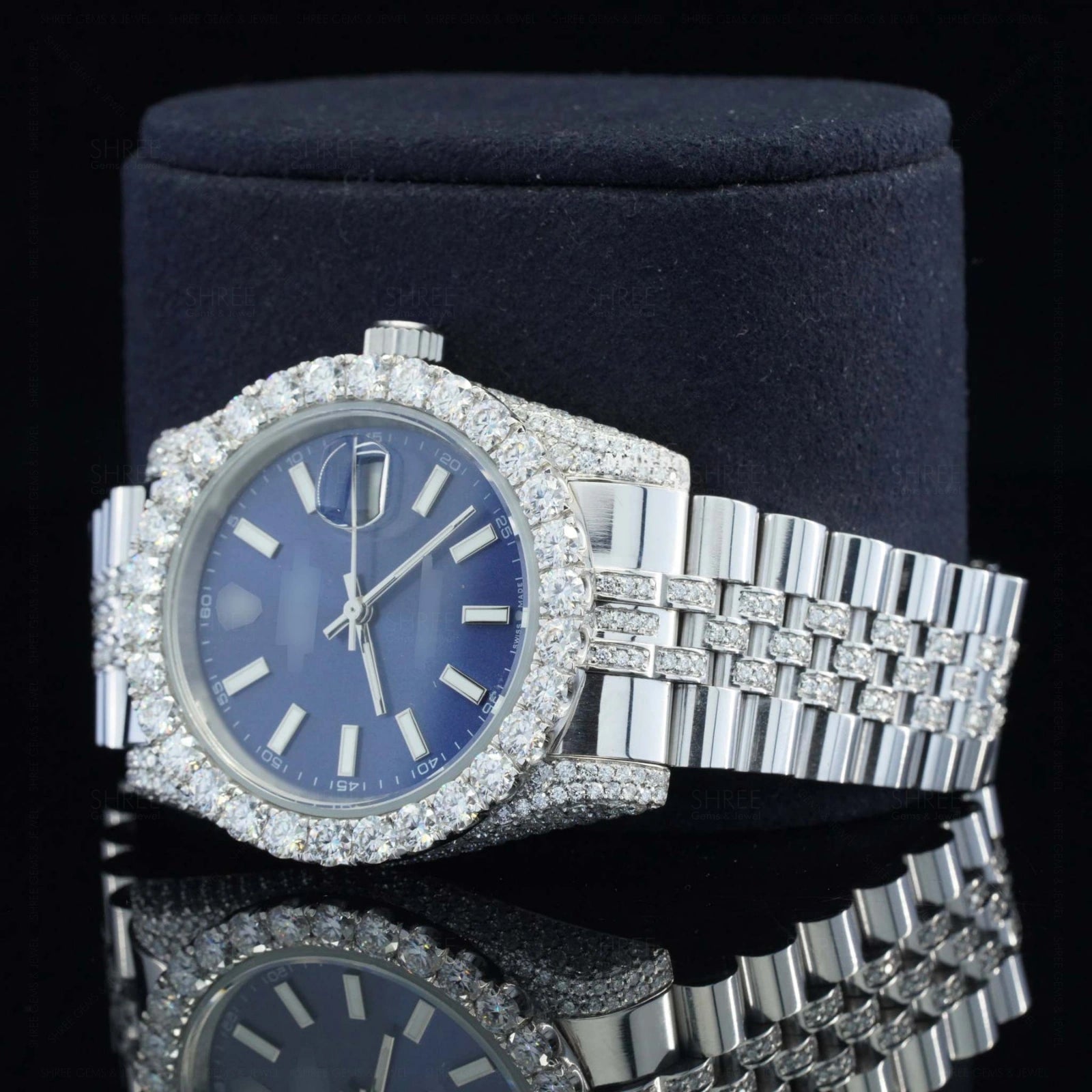 Side view of Blue Dial Date Just Style Moissanite Watch  41 Mm  White Gold Tone