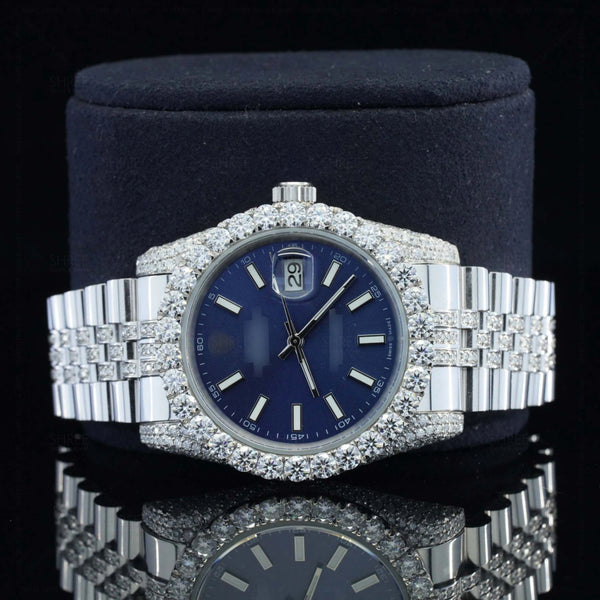 Front View Blue Dial Date Just Style Moissanite Watch 41 Mm White Gold Tone