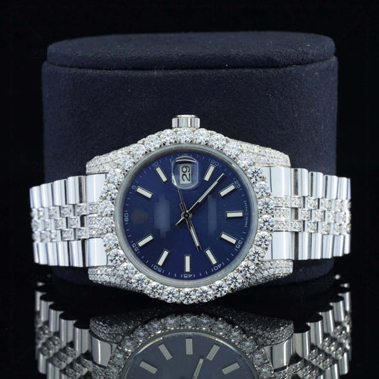 Front View Blue Dial Date Just Style Moissanite Watch 41 Mm White Gold Tone