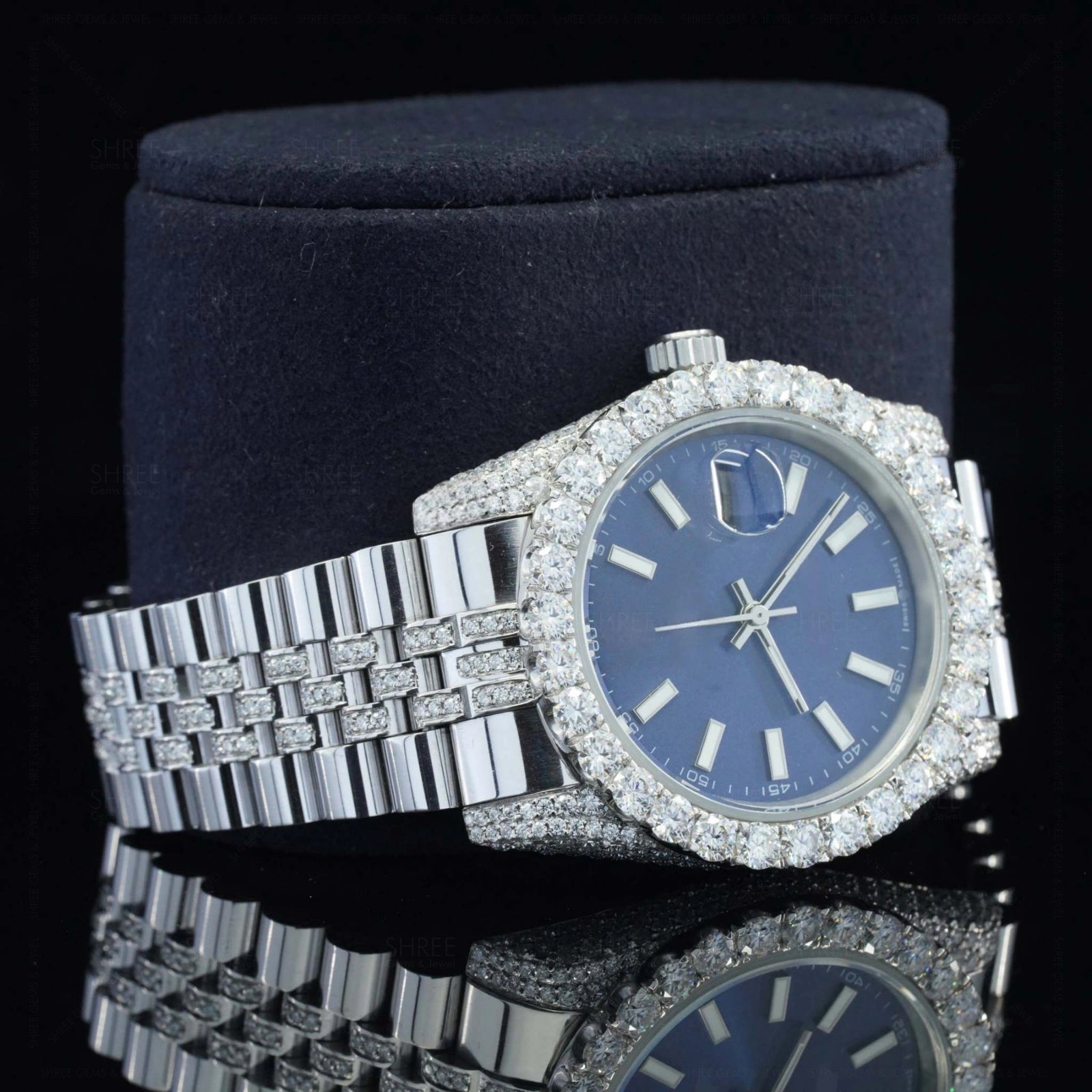 Close up view of Blue Dial Date Just Style Moissanite Watch  41 Mm  White Gold Tone