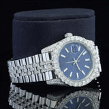 Close up view of Blue Dial Date Just Style Moissanite Watch  41 Mm  White Gold Tone