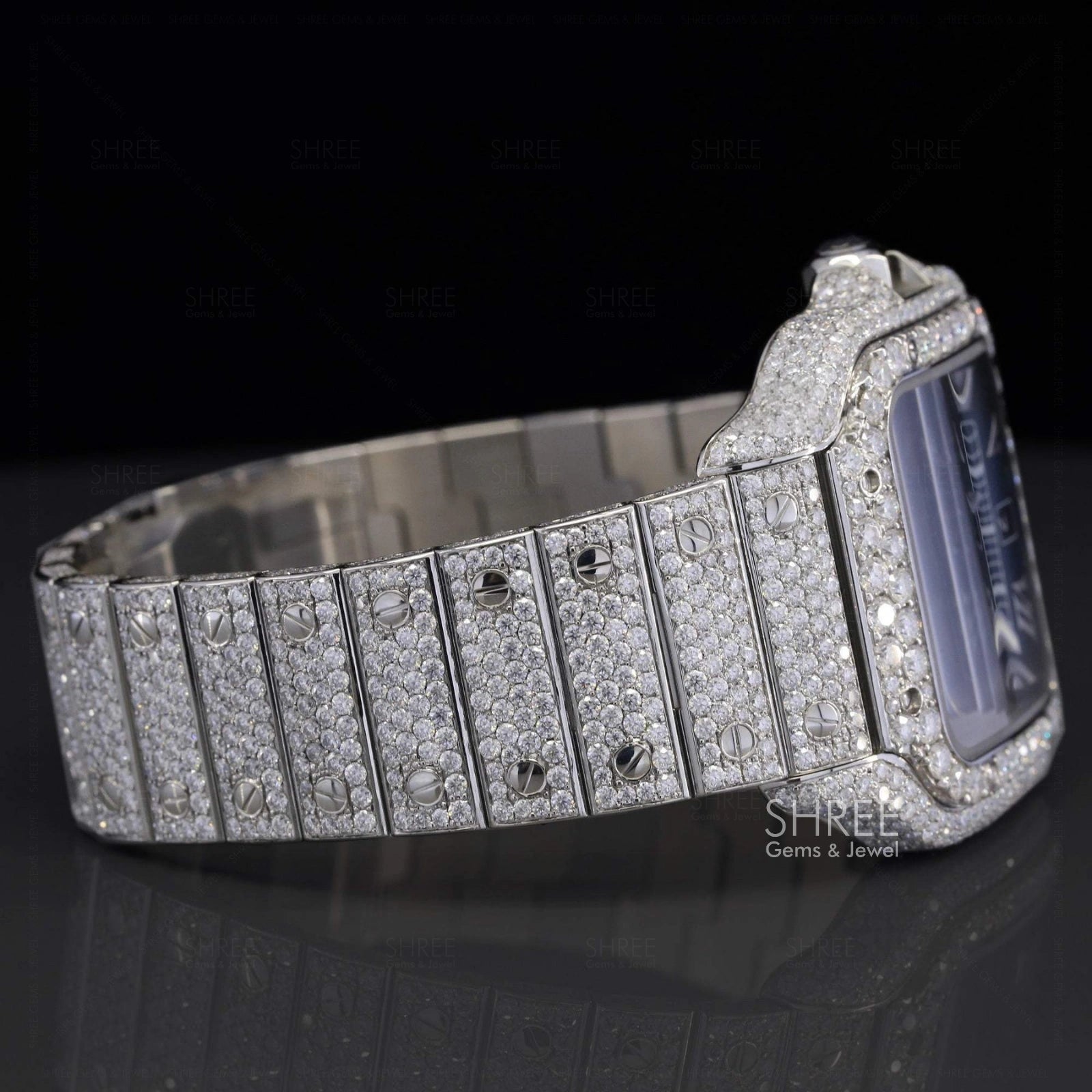 Side View of Blue Dial Iced Out Santos Style Moissanite Watch 41mm – White Gold Tone