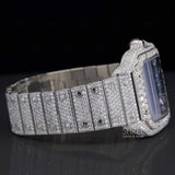 Side View of Blue Dial Iced Out Santos Style Moissanite Watch 41mm – White Gold Tone