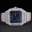 Front View of Blue Dial Iced Out Santos Style Moissanite Watch 41mm – White Gold Tone