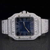 Front View of Blue Dial Iced Out Santos Style Moissanite Watch 41mm – White Gold Tone