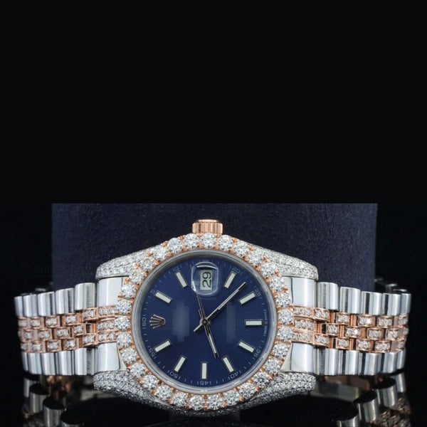 Front View Blue Dial Date Just Style Moissanite Watch 41 Mm Rose Gold Tone