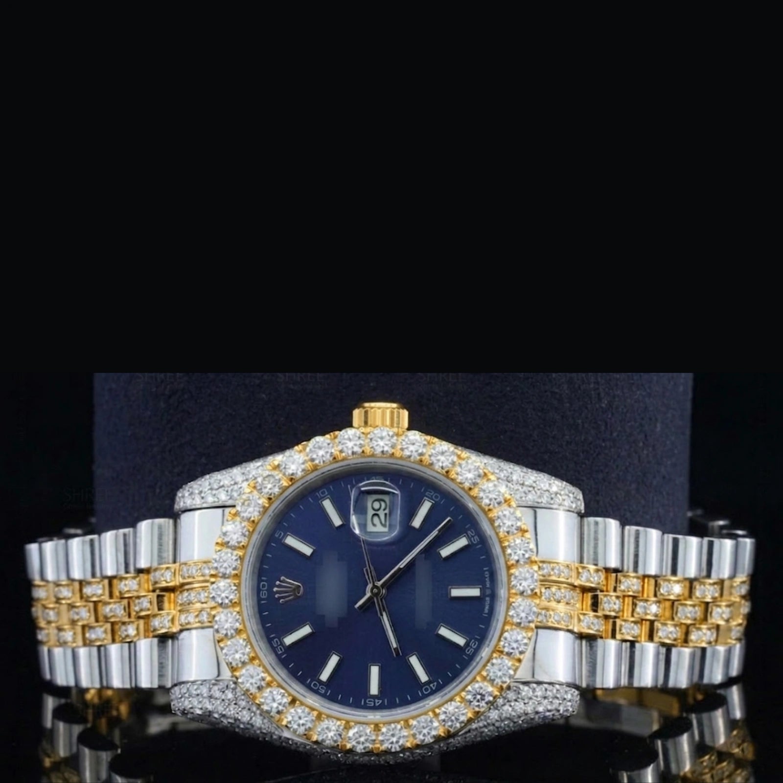 Front View Blue Dial Date Just Style Moissanite Watch 41 Mm Yellow Gold Tone