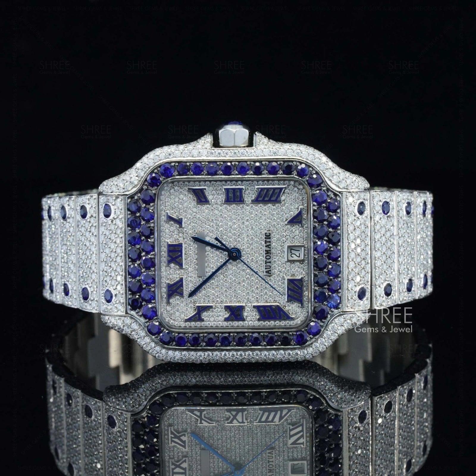 Blue Roman Square Bustdown Moissanite Watch