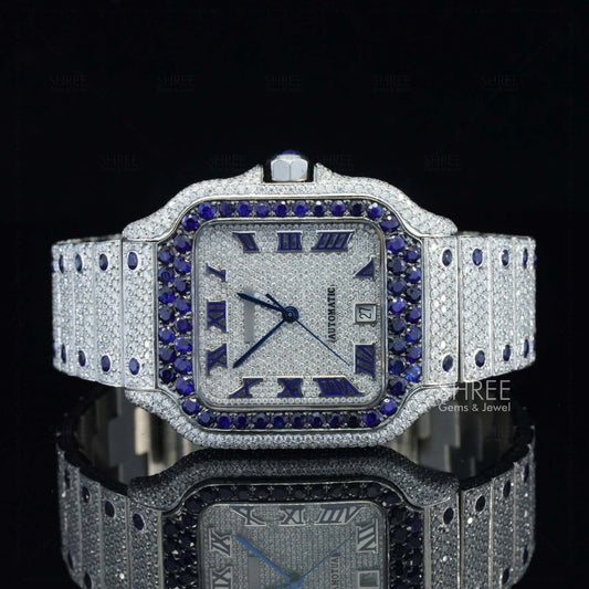 Blue Roman Square Bustdown Moissanite Watch