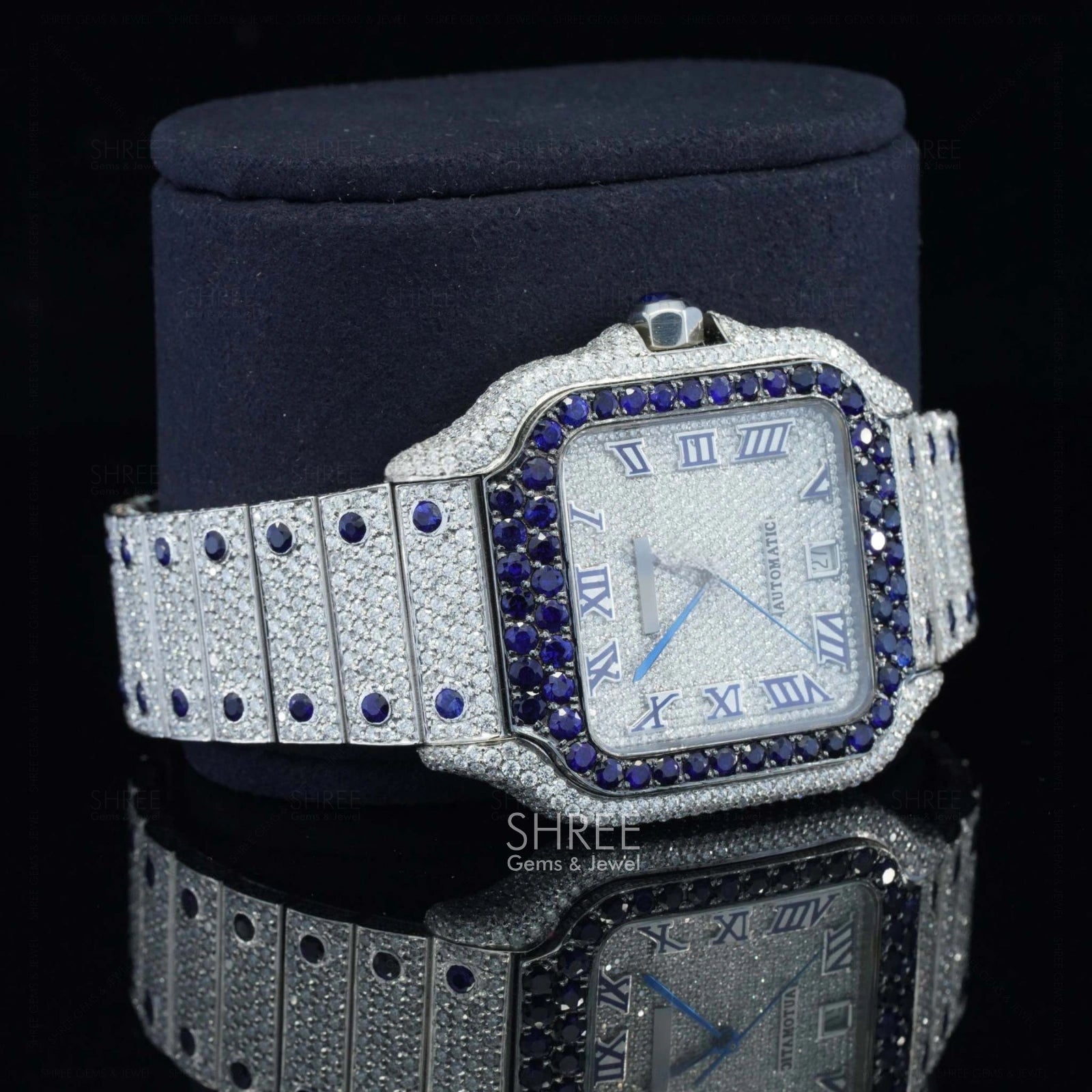 Blue Roman Square Bustdown Moissanite Watch