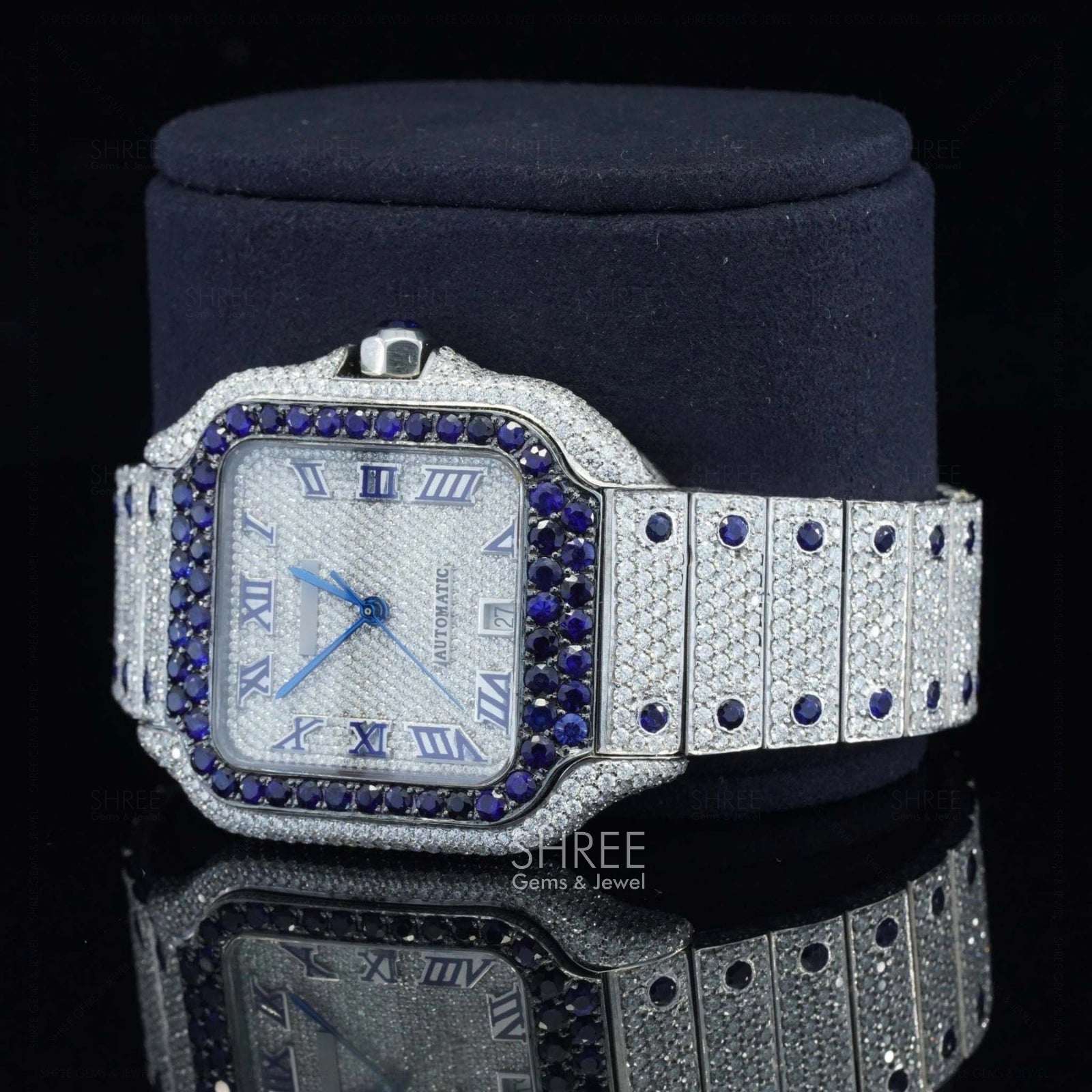 Blue Roman Square Bustdown Moissanite Watch