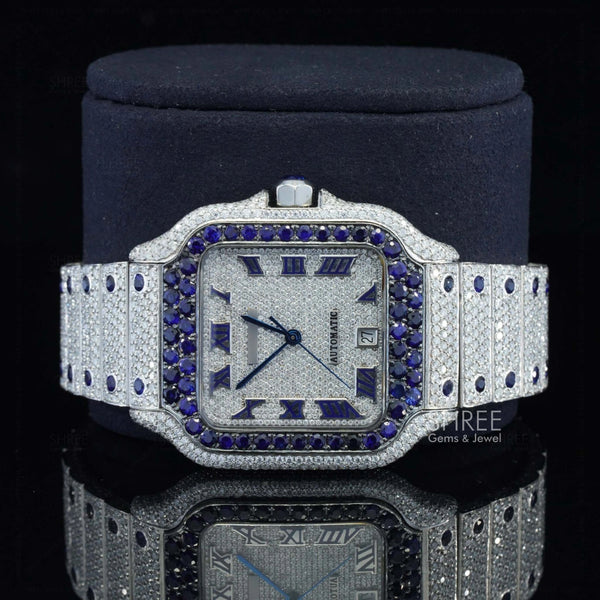 Blue Roman Square Bustdown Moissanite Watch