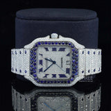 Blue Roman Square Bustdown Moissanite Watch