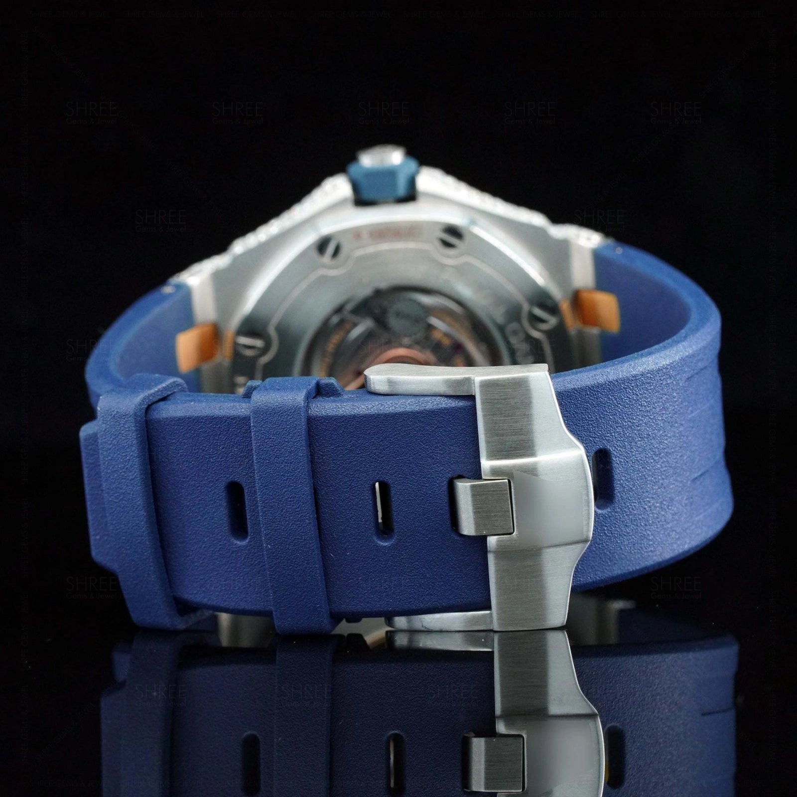 Back side View of Luxury Blue Dial Moissanite Watch 41mm Rubber Strap Rose Gold