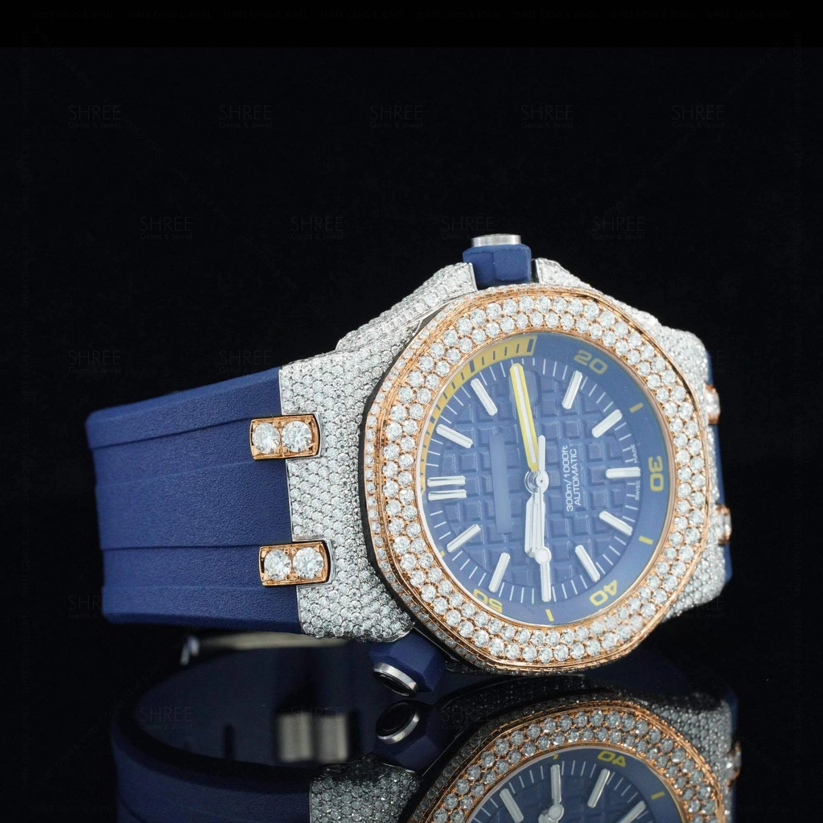 Side View of Luxury Blue Dial Moissanite Watch 41mm Rubber Strap Rose Gold