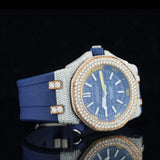 Side View of Luxury Blue Dial Moissanite Watch 41mm Rubber Strap Rose Gold