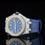 Close View ofLuxury Blue Dial Moissanite Watch 41mm Rubber Strap Rose Gold