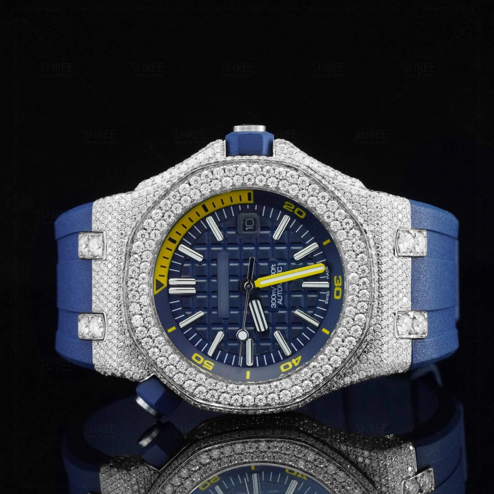 Front View of BLuxury Blue Dial Moissanite Watch 41mm Rubber Strap White Gold