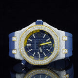 Front View of Luxury Blue Dial Moissanite Watch 41mm Rubber Strap Yellow Gold 