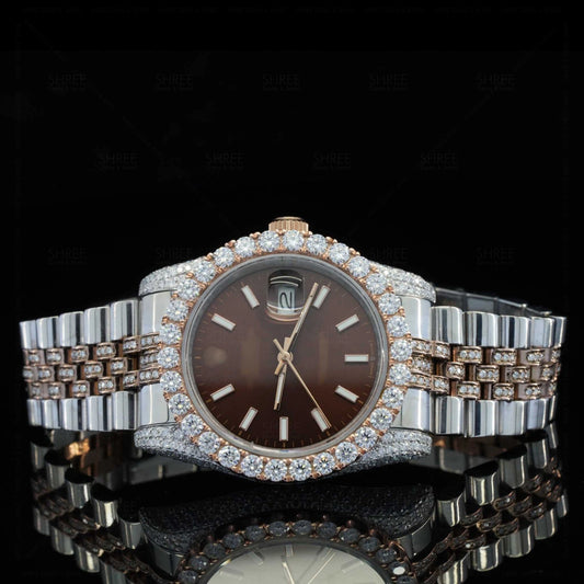 Front View of Brown Dial Date Just Style Moissanite Watch 41 MM Rose Gold Tone
