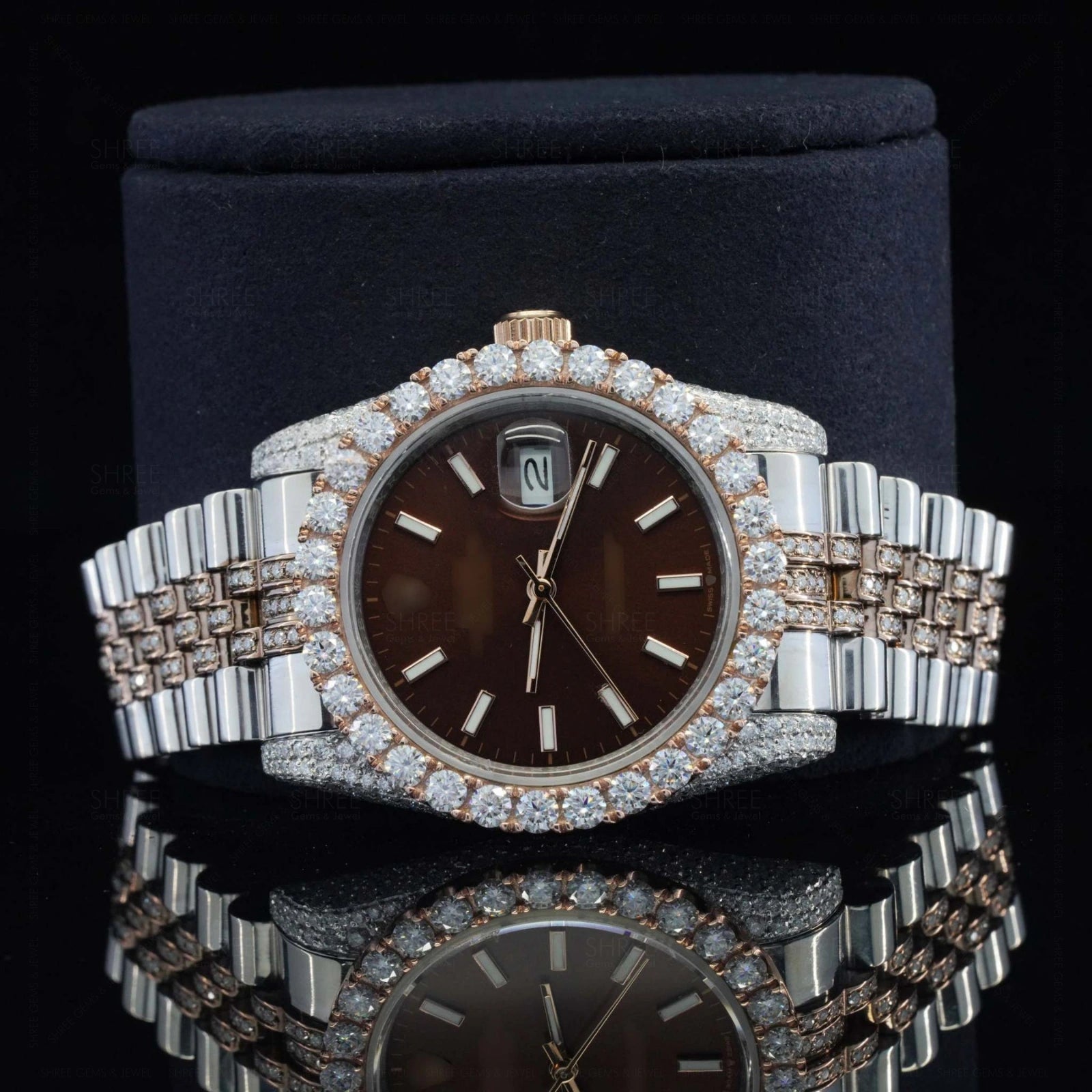 Face view of DeepBrown Dial Date Just Style Moissanite Watch  41 MM  Rose Gold Tone