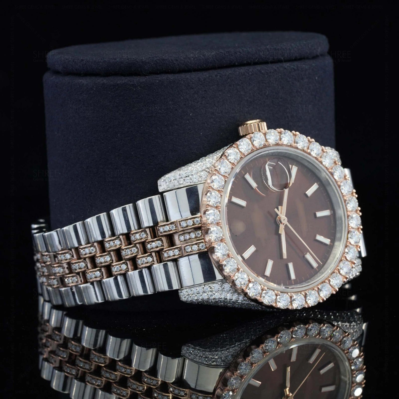 Side view of Brown Dial Date Just Style Moissanite Watch  41 MM  Rose Gold Tone