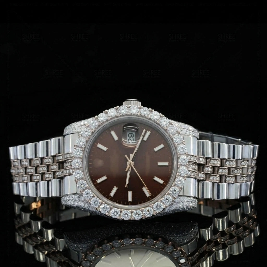 Front View of Brown Dial Date Just Style Moissanite Watch 41 MM White Gold Tone