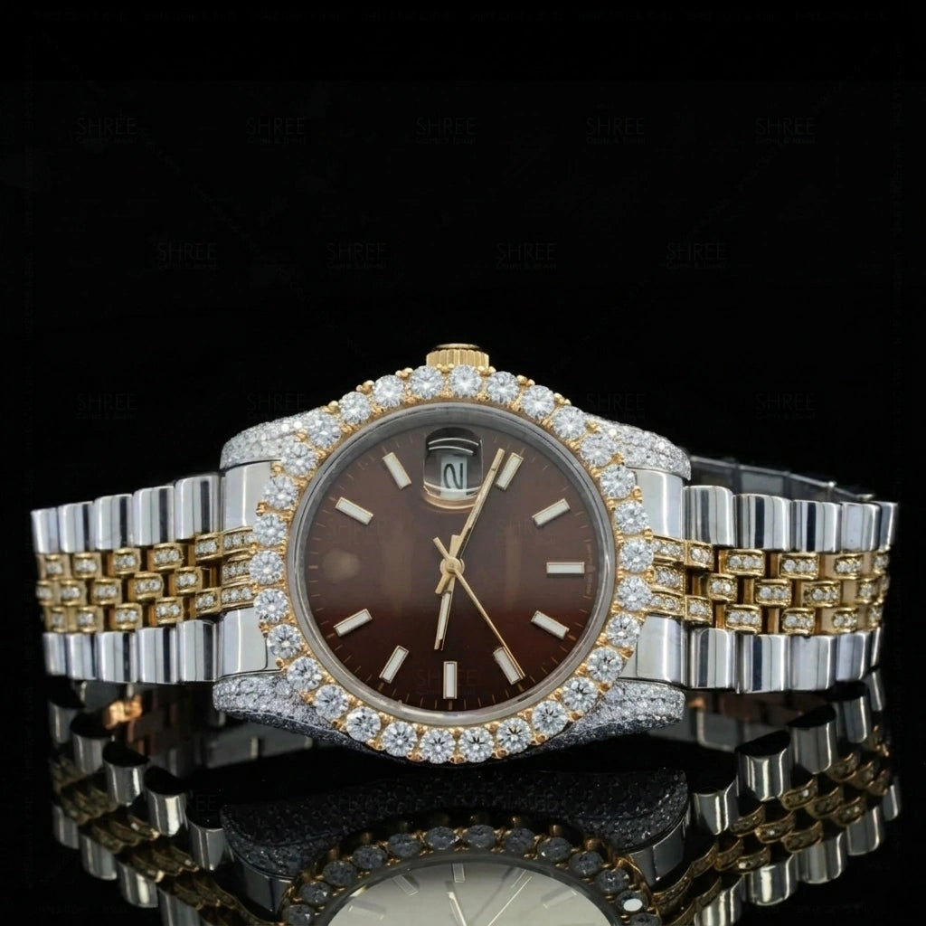 Front View of Brown Dial Date Just Style Moissanite Watch 41 MM Yellow Gold Tone