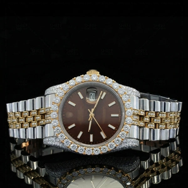 Front View of Brown Dial Date Just Style Moissanite Watch 41 MM Yellow Gold Tone
