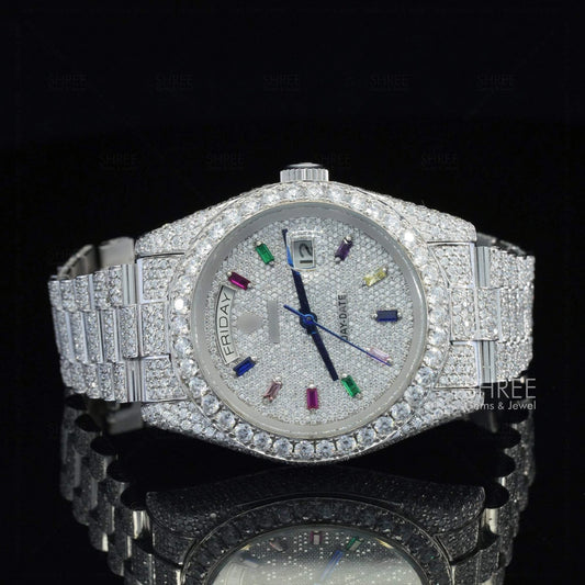 Front View of Bustdown Colored Baguette Numeral Moissanite Watch