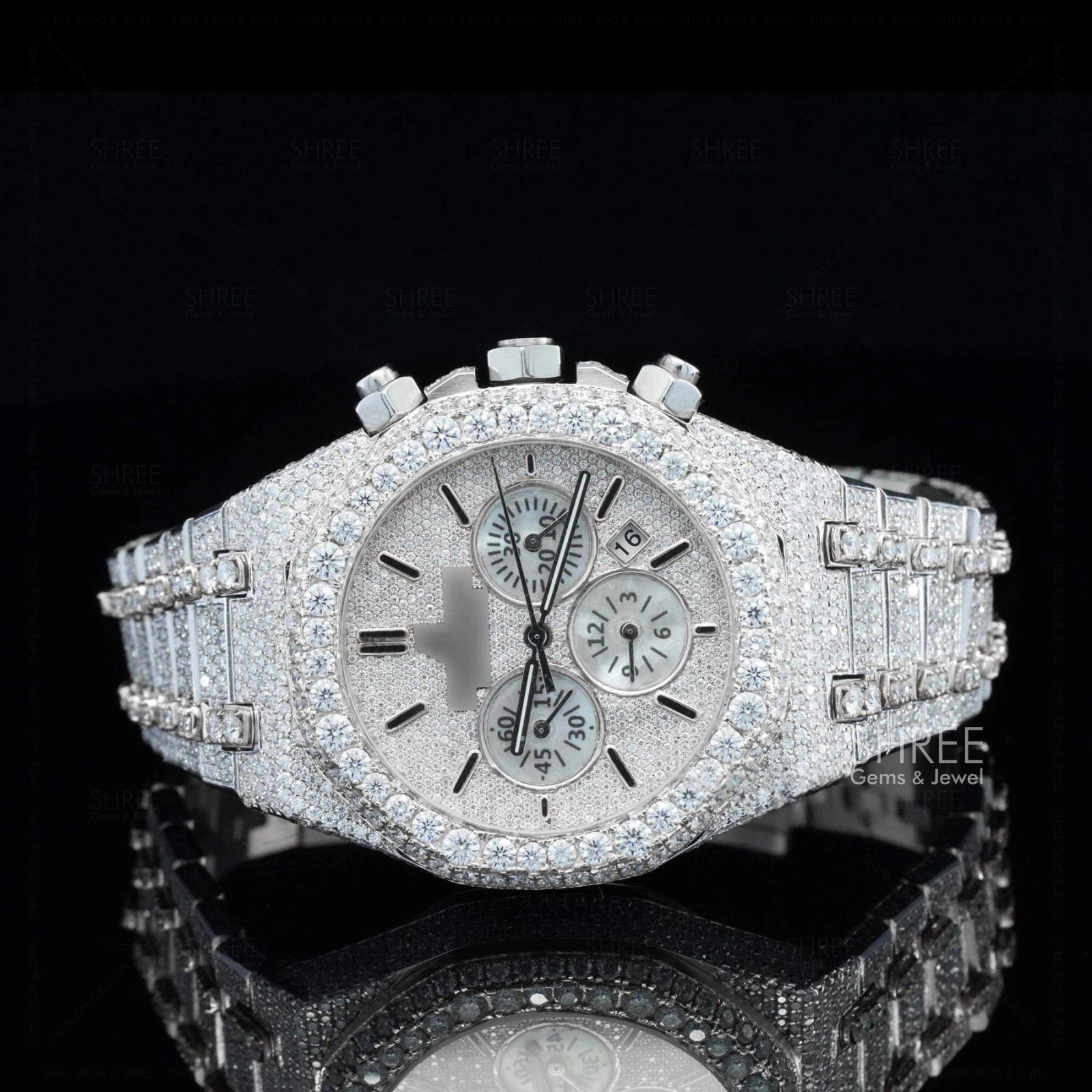 Front view of Celestia Pave Chronograph Moissanite Diamond Bracelet Watch