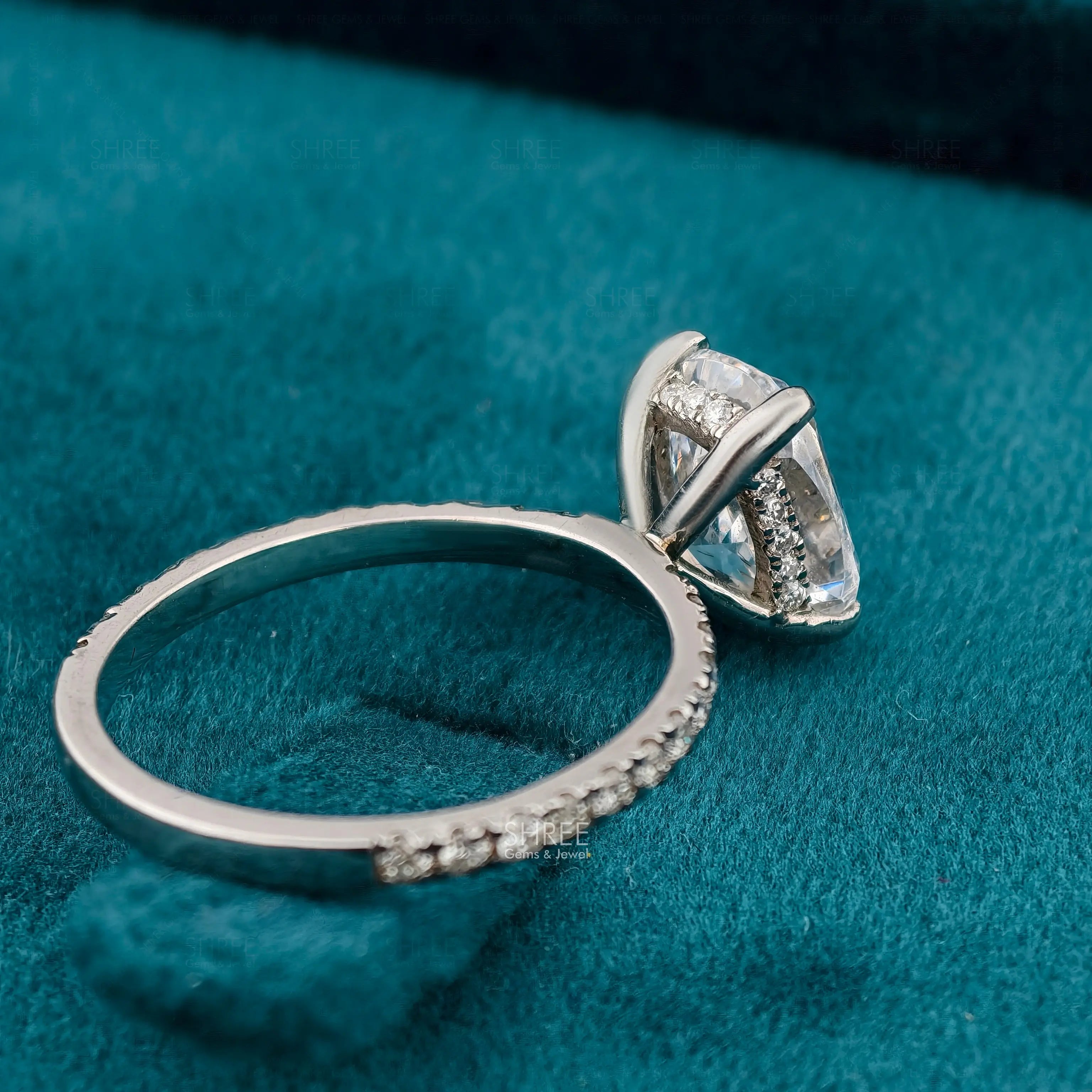Detailing View of Cushion Cut Lab Diamond Hidden Halo Engagement Ring