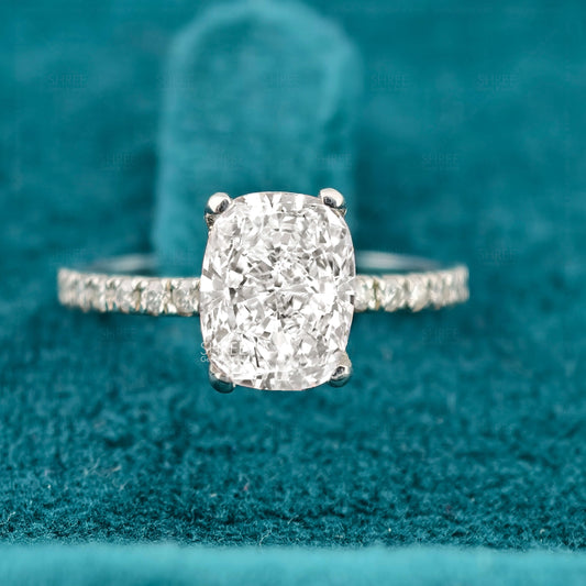 Front View Of Cushion Cut Lab Diamond Hidden Halo Engagement Ring