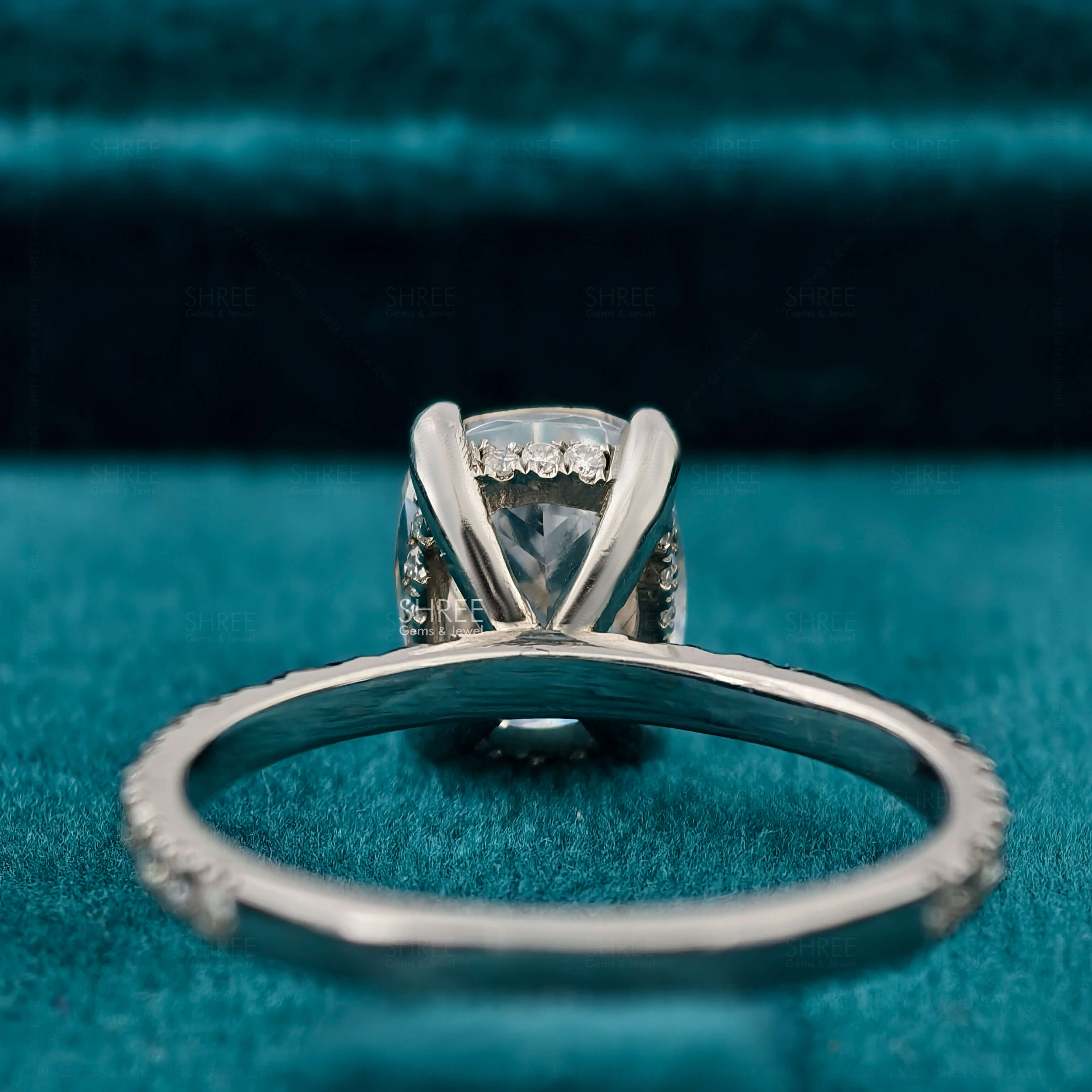 Back Side View of Cushion Cut Lab Diamond Hidden Halo Engagement Ring