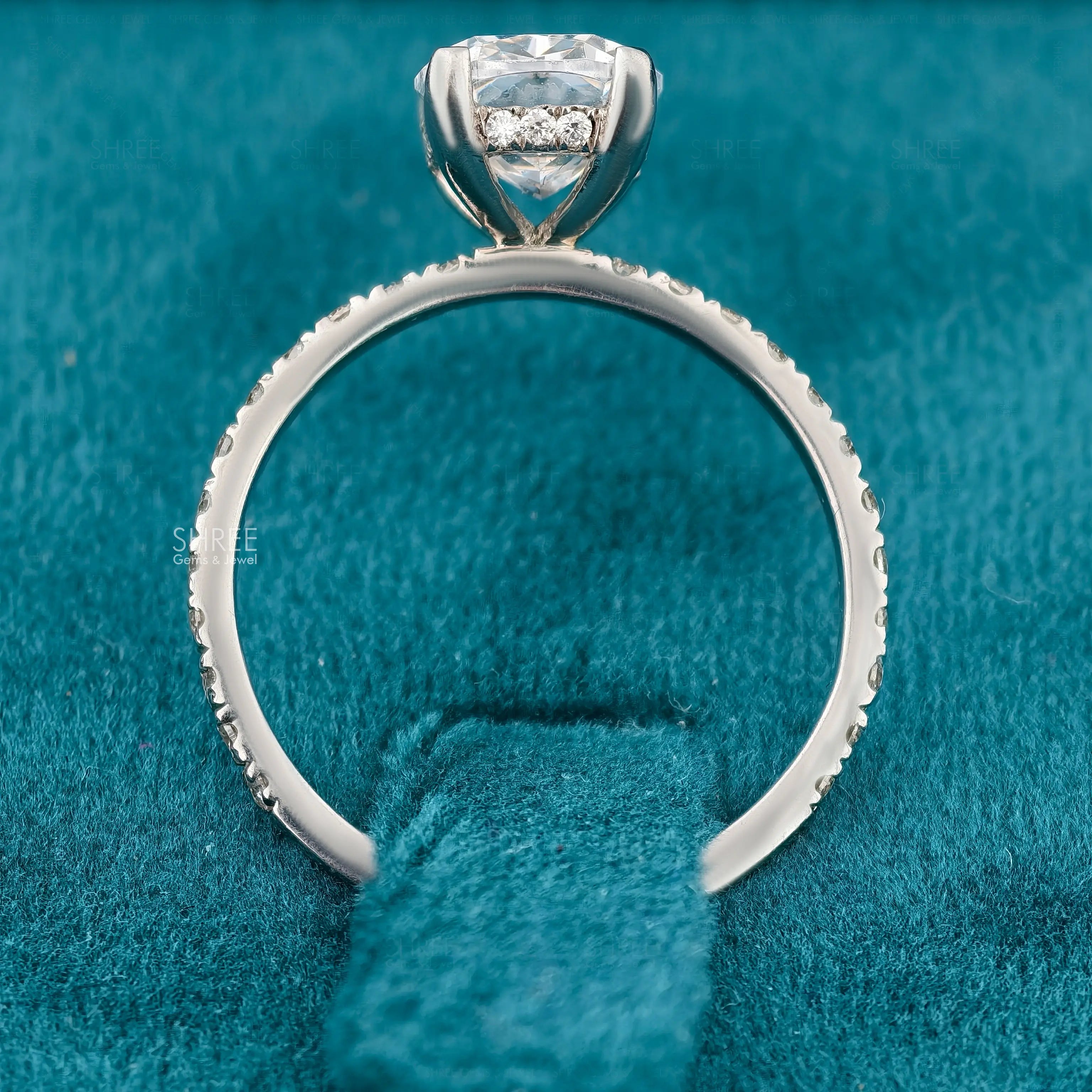 Full Band View Of Cushion Cut Lab Diamond Hidden Halo Engagement Ring