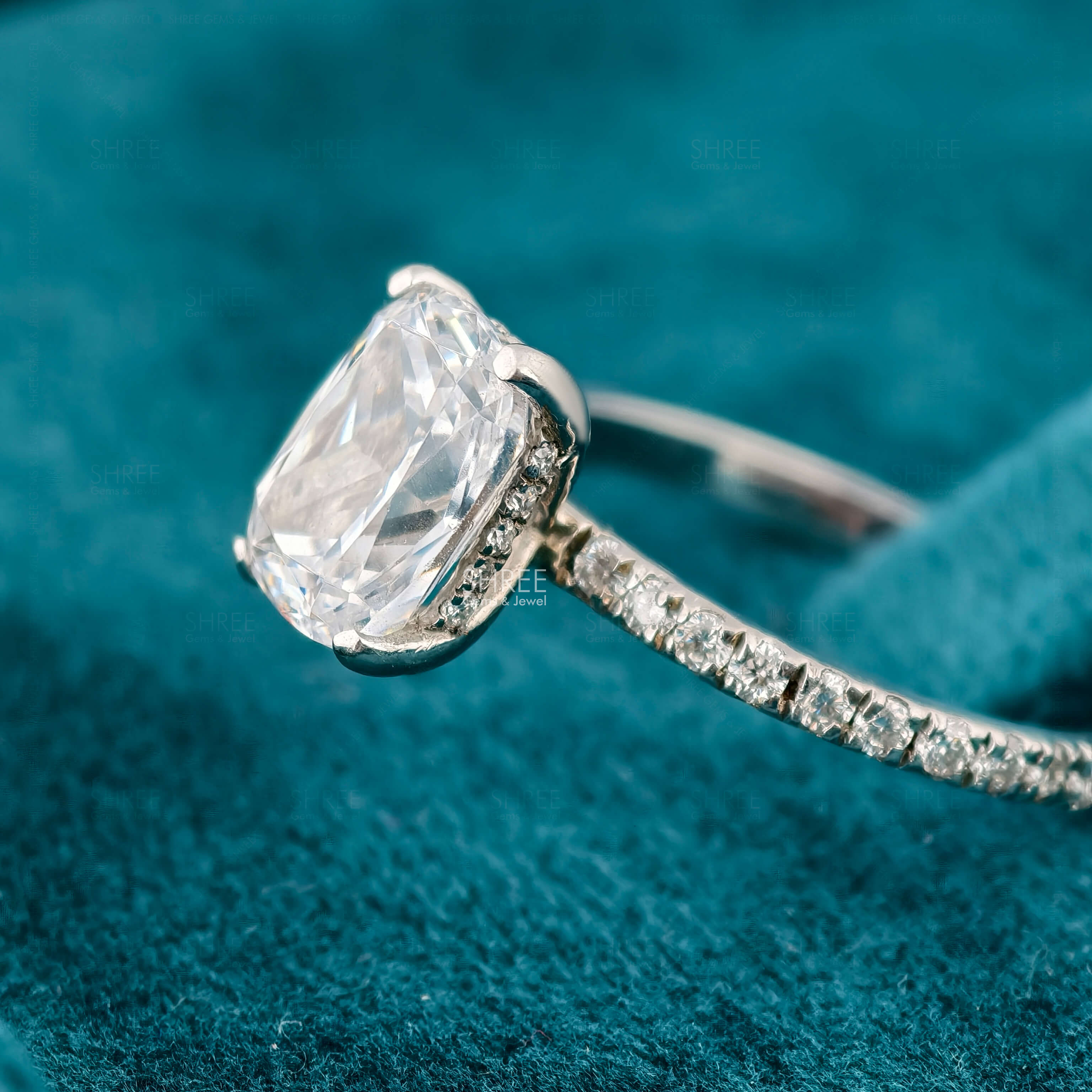 Side View Of Cushion Cut Lab Diamond Hidden Halo Engagement Ring