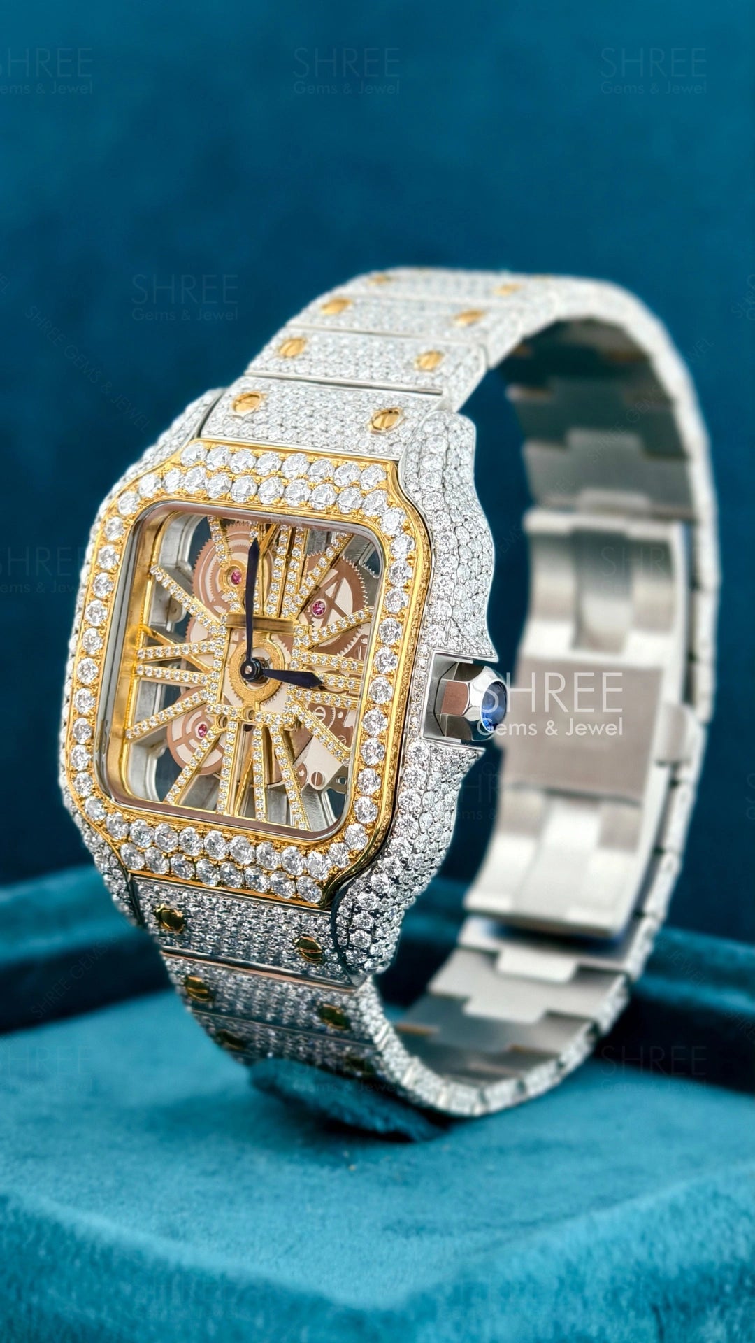 Side face View of Men’s Square Skeleton Moissanite Watch – Two Tone Dial