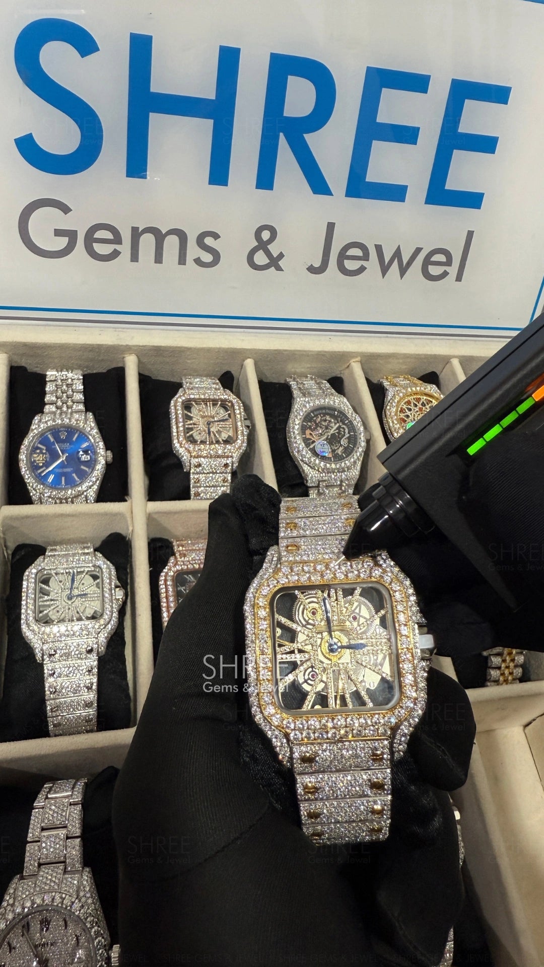 Moissanite tester View of Men’s Square Skeleton Moissanite Watch – Two Tone Dial