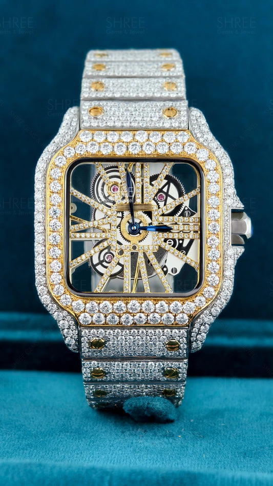 Front View of Men’s Square Skeleton Moissanite Watch – Two Tone Dial