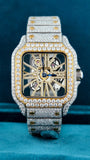 Front View of Men’s Square Skeleton Moissanite Watch – Two Tone Dial
