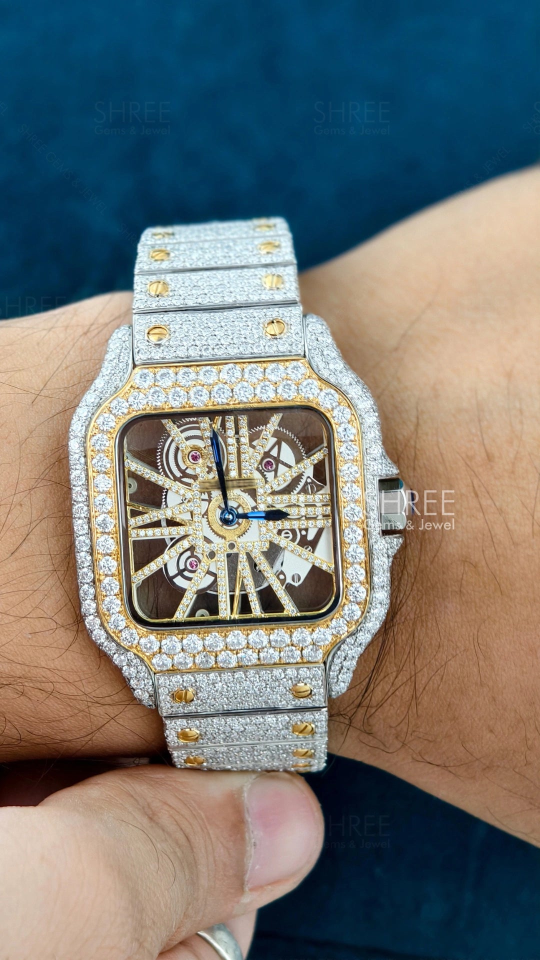 Hand View of Men’s Square Skeleton Moissanite Watch – Two Tone Dial